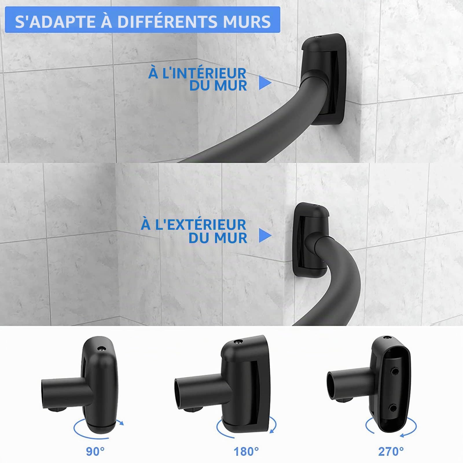 Tringle à rideau de douche incurvée de 114 à 190 cm, en acier inoxydable de qualité supérieure, ne rouille pas, réglable, pour salle de bain, noir, à percer