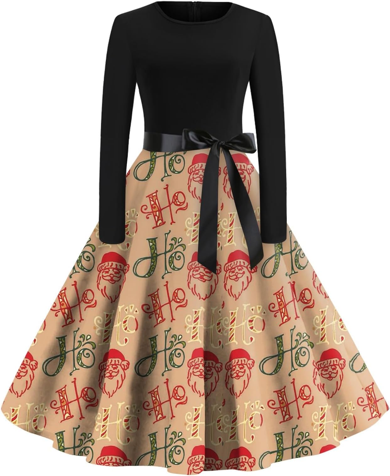 Christmas Dresses for Women Xmas Print Long Sleeve Slim-Fit Crewneck Audrey Hepburn Dress with Belt Elegant Costume