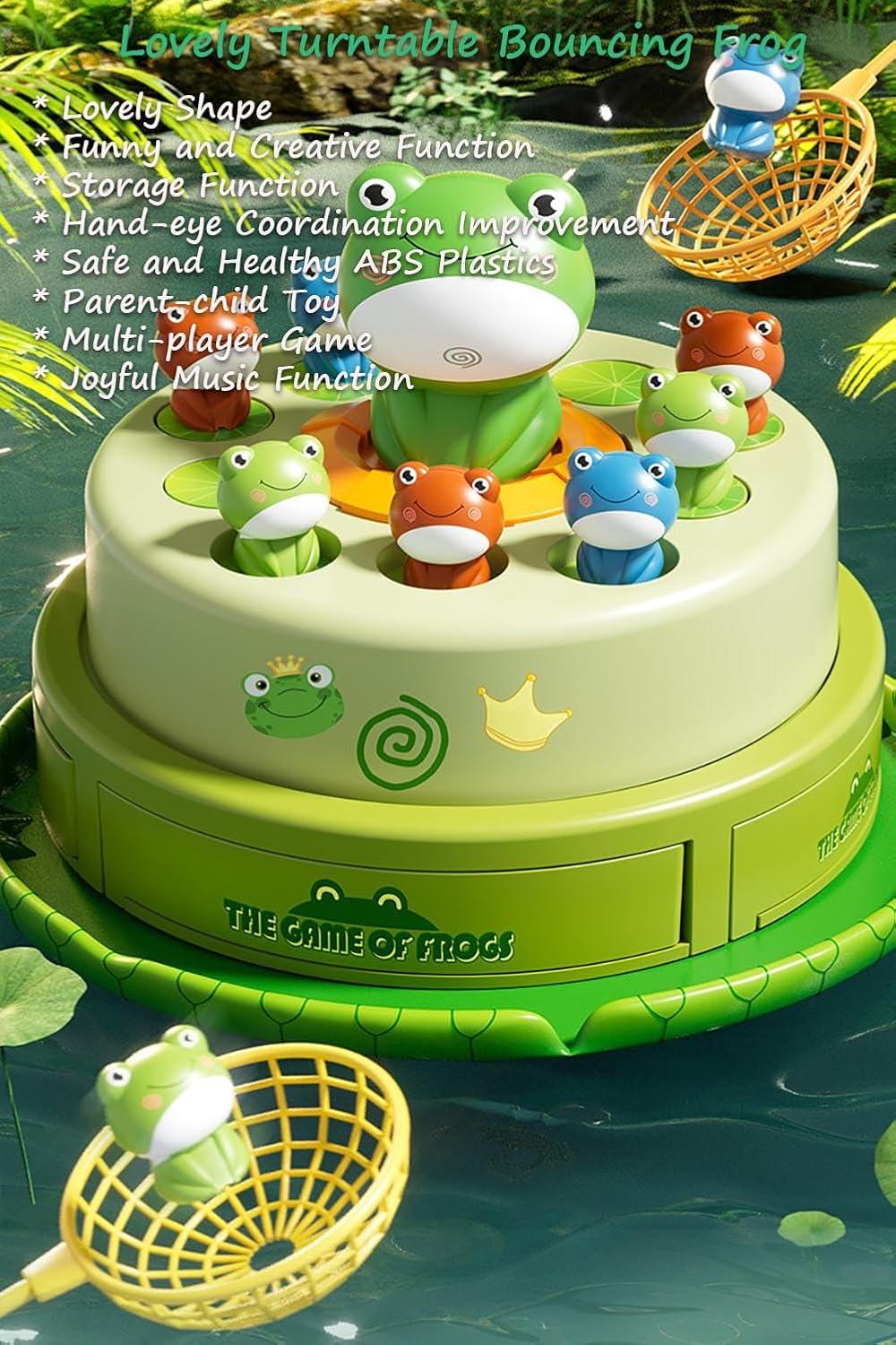 Miracland Electric Turntable Bouncing Frog Toy Set - Interactive Pop-up Game with Music & Lights, Kids Focus Training, Family Catch Activity