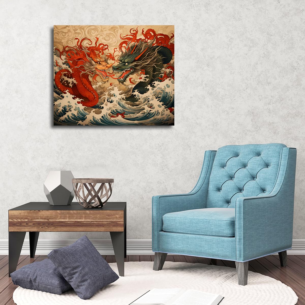 Via Vela Fresques de style asiatique traditionnel affiches imprimées dragon et vagues abstraites sur toile art mural rétro pour la décoration hôtelière 90x120cm