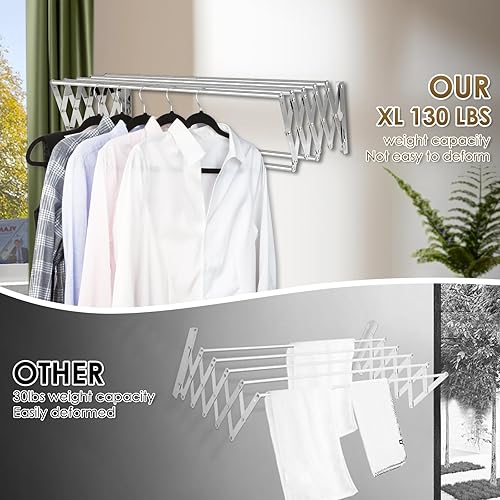 Miniatura 5 de XL-31.5 pulgadas - Estante de secado de ropa para montaje en la pared, 130 libras, gran capacidad, a prueba de óxido, retráctil, estante de secado