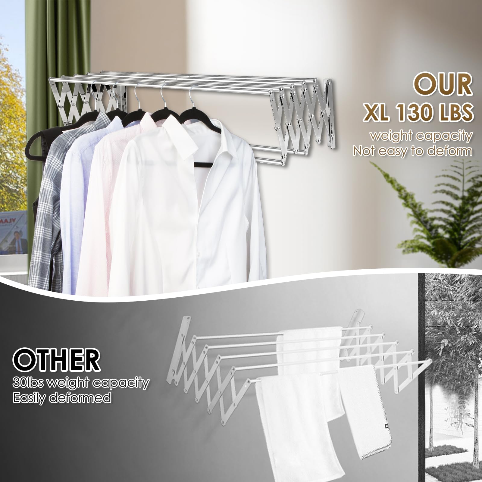 XL-31.5 pulgadas - Estante de secado de ropa para montaje en la pared, 130 libras, gran capacidad, a prueba de óxido, retráctil, estante de secado plegable, fácil de instalar con 7 varillas de secado 5