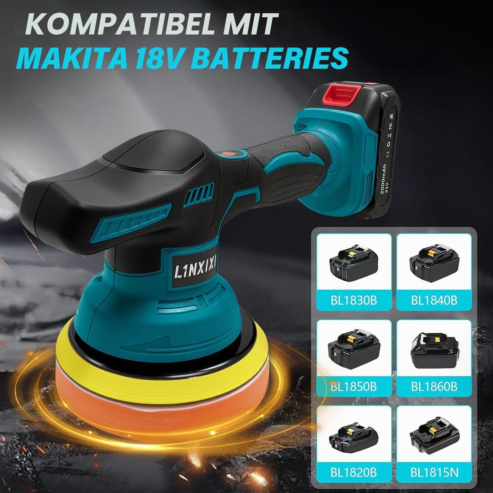 Poliermaschine Auto für Makita 18V Akku, 6 Zoll Orbital Auto Politur mit 8 Variablen Geschwindigkeiten, 1*4000mAh Akkus Auto Polierset, für Auto Detailpflege und Kratzerentfernung