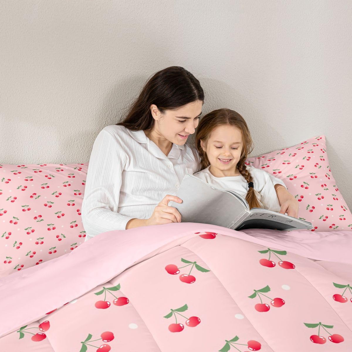 Feelyou Girls Cherry Comforter Set Cute Fruit Bedding Set Women Pink Kawaii White Dots Decor Comforter Lovely Sweet Fresh Quilt Room 3Pcs Queen Size Boys