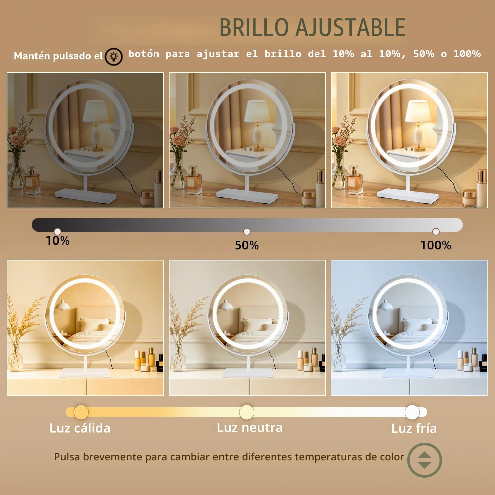 MantoLite Espejo de Maquillaje Redondo LED Iluminado 40 cm Blanco Táctil | Espejo de maquillaje grande giratorio 360° con luces, espejo de mesa regulable con 3 modos de iluminación.