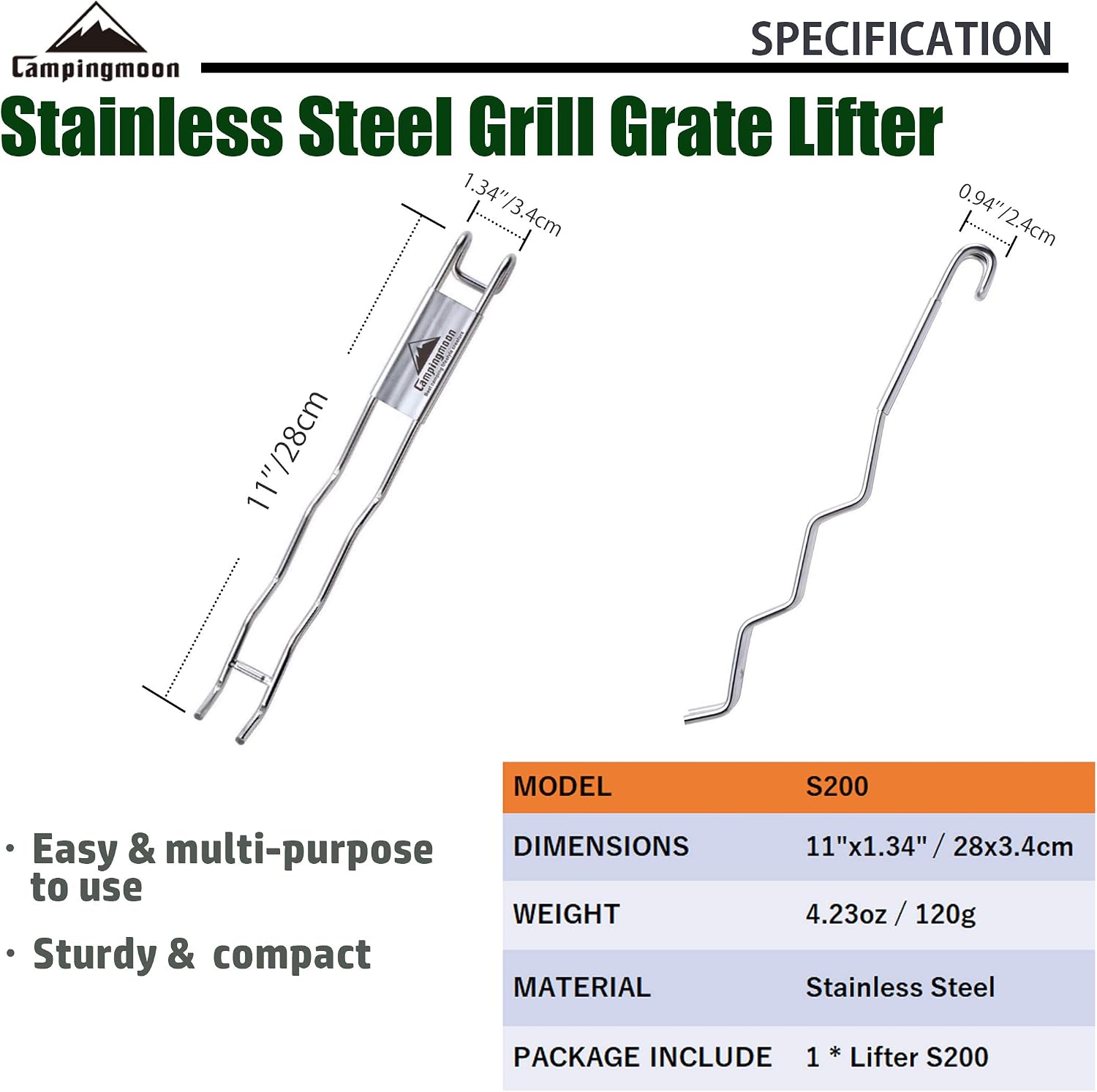 11 inch Anti-scald Stainless Steel Barbecue Cooking Grill Grate Lifter S200