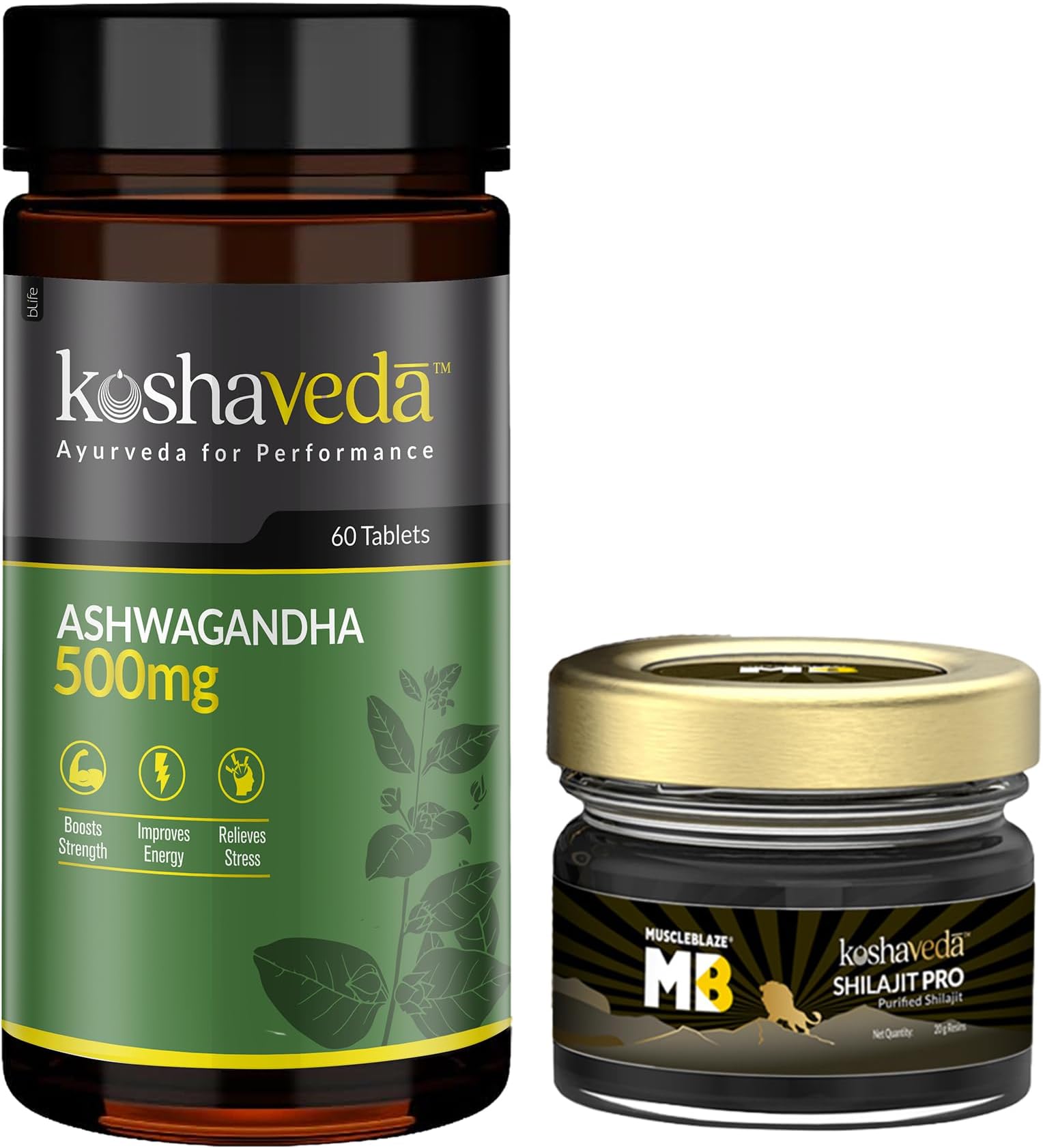Koshaveda Ashwagandha 500mg (60 Tablets) & MB Shilajit Pro (20g Shilajit Resin) | For Immunity, Strength, Stamina & Endurance