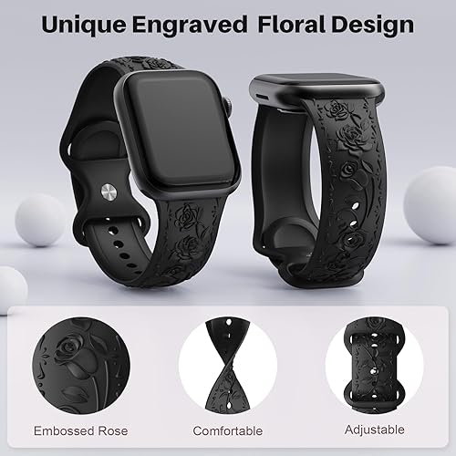 Vista 2 de Floral Engraved Band Compatible with Apple Watch Band 40mm 41mm 38mm 42mm 44mm 45mm 46mm 49mm Women, Soft Silicone Cute Embossed Flower Strap for
