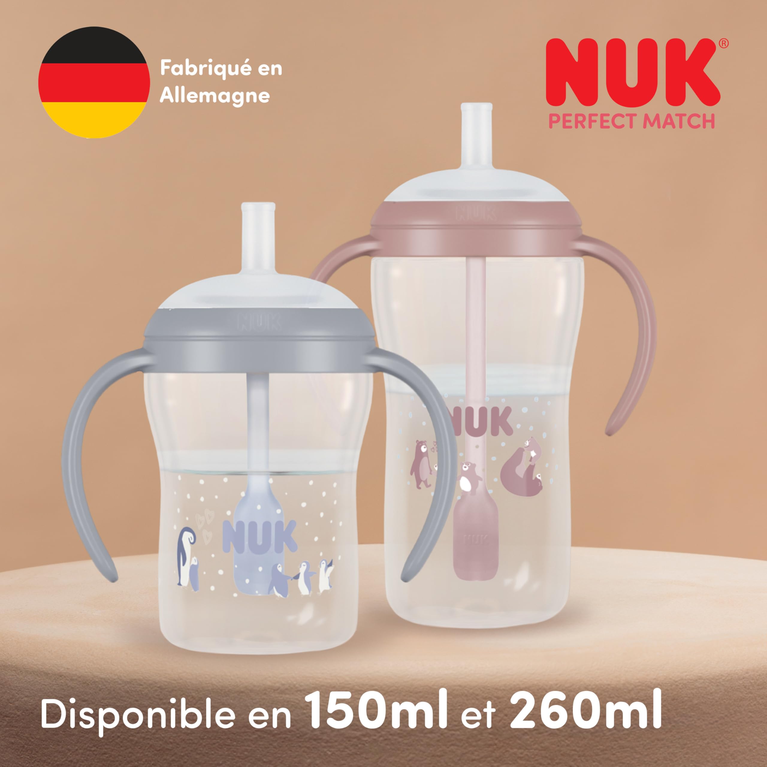 NUK Perfect Match Tasse d’apprentissage avec paille pour bébé | 8+ mois | 260 ml | Tasse avec paille anti-fuite pour bébé | Poignées antidérapantes | Rose | Lot de 1