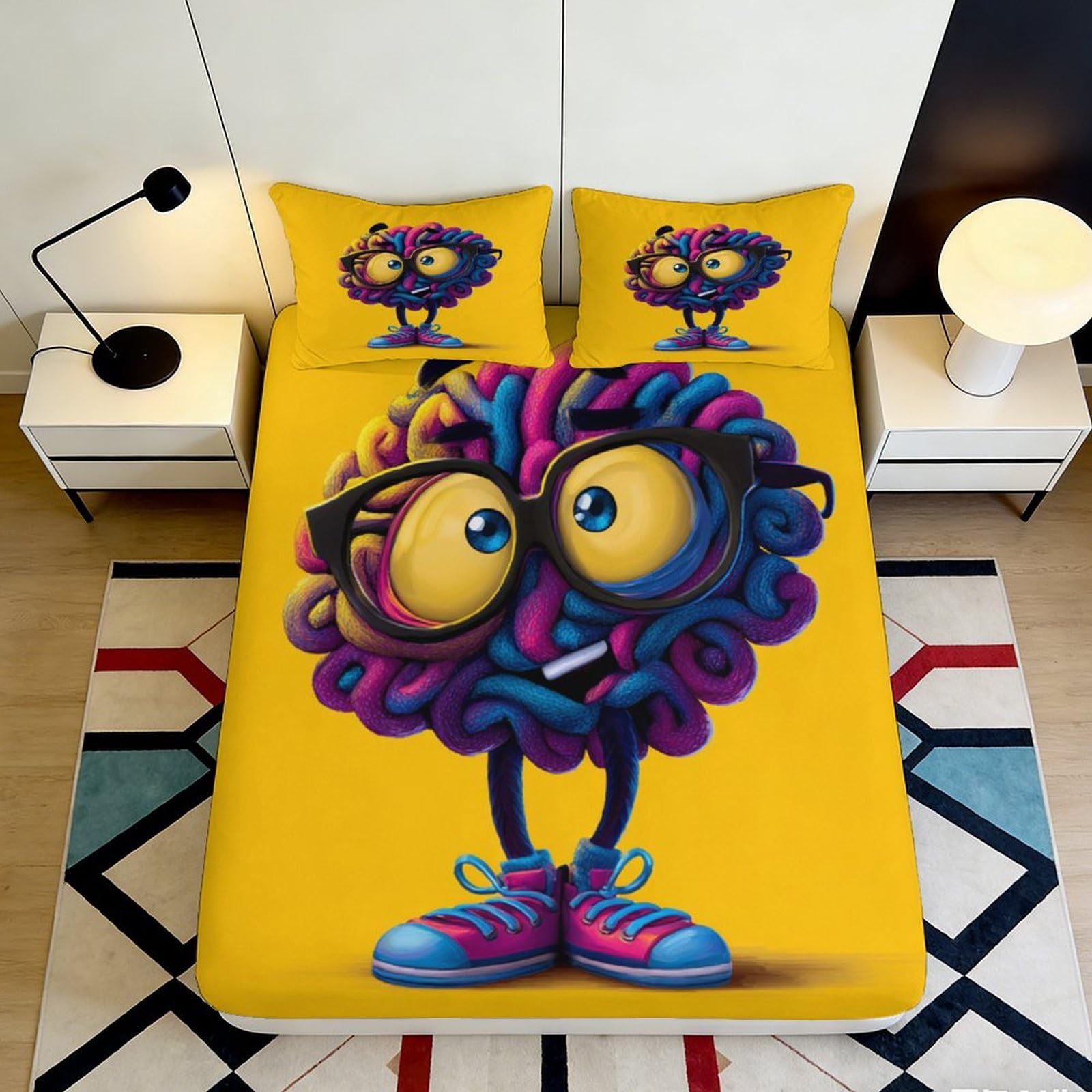 3D Printed Funny Brain Character Fitted Sheet Microfiber Soft Breathable Cartoon Design Mattress Cover for Bedroom Dormitory Guest Room Decor 200x200x25cm