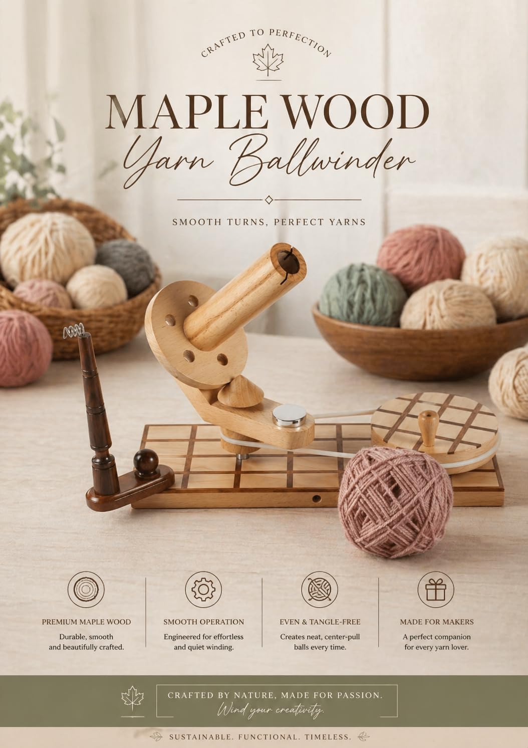 Wooden Yarn Ball Winder – Premium Maple Wood Hand Operated Yarn Winder for Knitting & Crocheting, Smooth & Quiet Yarn Spinner, Tangle-Free Center Pull Yarn Maker for Home & Craft Use-image-12