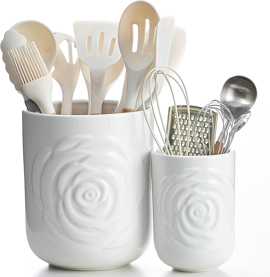 Large Utensil Holder Set of 2, 7.5"+ 5.5" - Ceramic Kitchen Countertop Utensil Crock for Spatulas, Spoons & Cooking Tools, Farmhouse Kitchen Counter Decor, White Rose