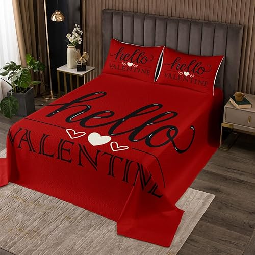 Miniatura 10 de Juego de colcha con estampado de corazón rojo y negro con texto en inglés "I Love You" para mujer, esposa, marido, geométrico, flecha, decoración de