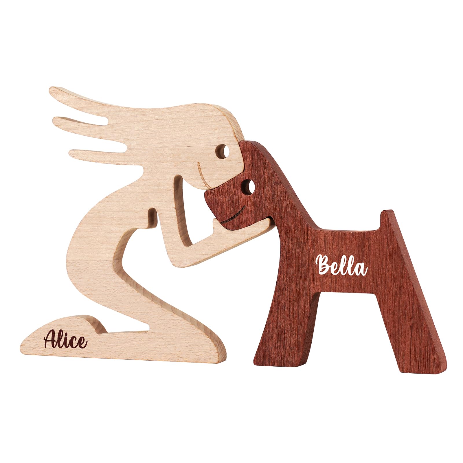 UNIGIFTIME Personalized Wooden Dog Woman Figurines, Hand-Carved Dog Memorial Gifts for Pet Lovers, Brown Wooden Carving Sculpture for Home Decor