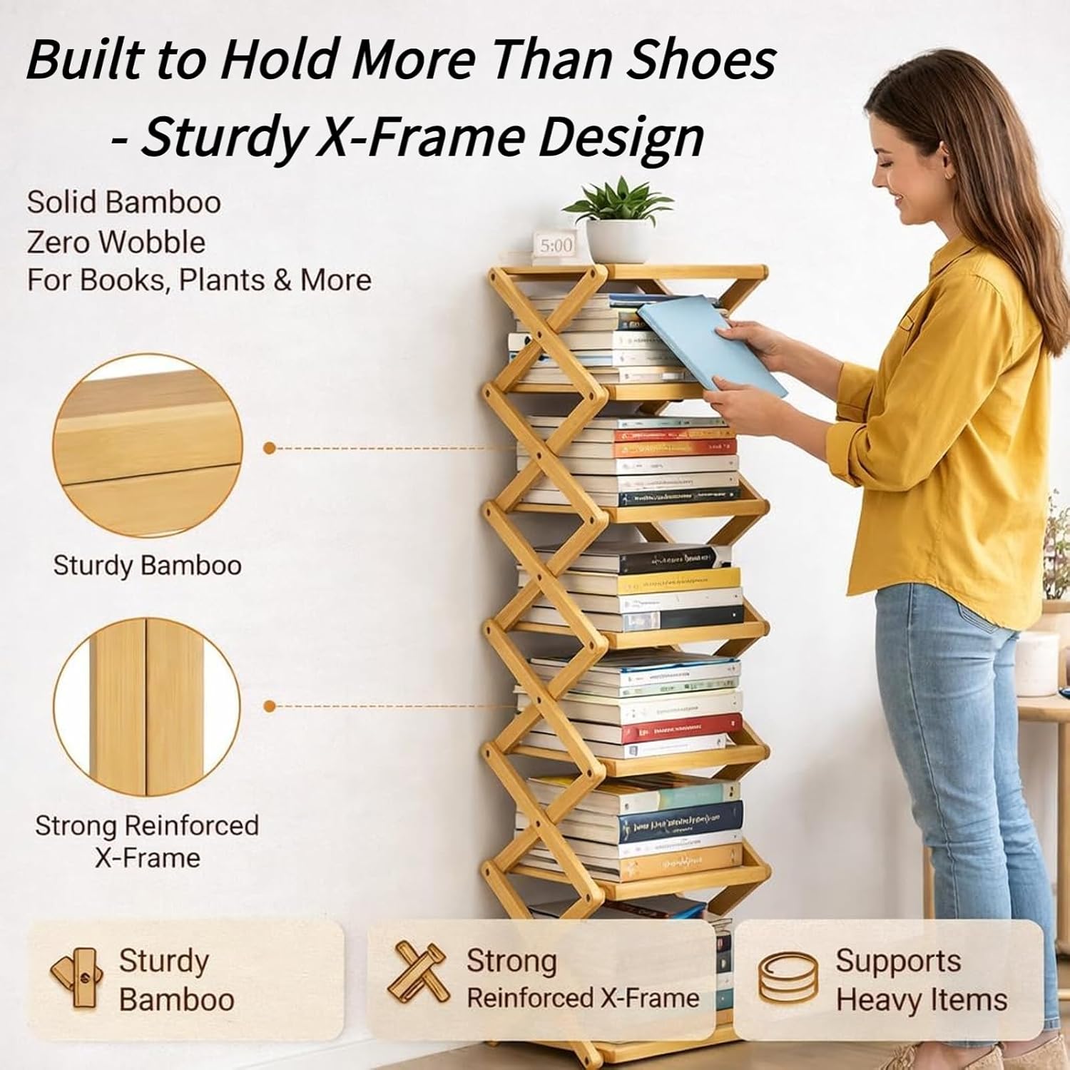 The 9-Tier No-Assembly Bamboo Rack, Folding Accordion Shoe Rack with Collapsible Vertical Design, Space-Saving Shoe Organizer for Entryway Closet Dorm (Brown, 6)
