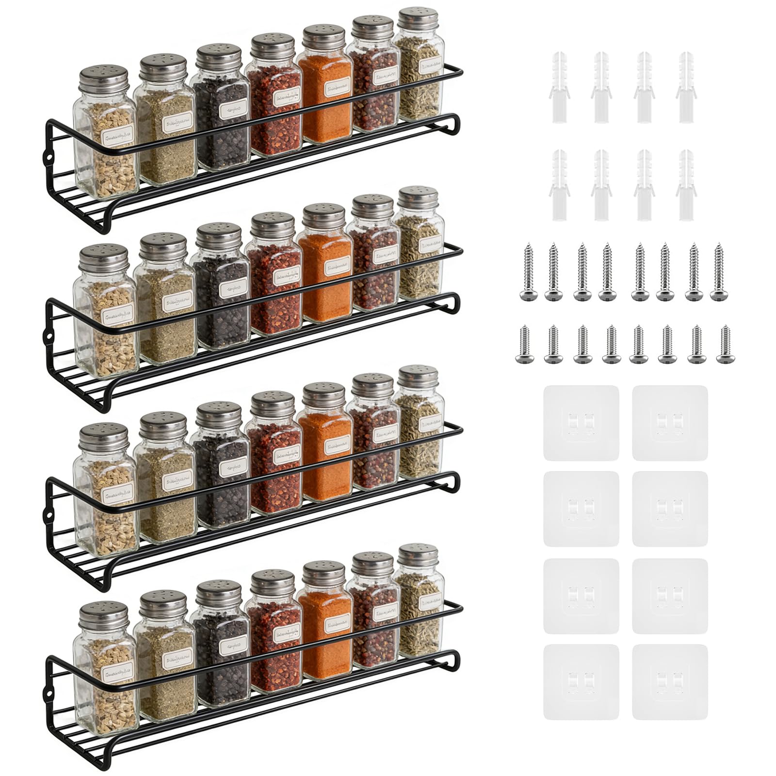 CHUNGG Spice Rack Wall Mounted, Door Spice Rack for Inside Cupboard With Adhesive Sticker and Screws, Kitchen Worktop Seasoning Organisers, for Kitchen Countertop, Pantry, Bathroom, Set of 4 (4pcs) ﻿