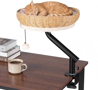 PETSITE Cat Desk Bed for Indoor Cats, 360° Rotatable Rattan Desk Cat Bed with Jingling Ball and Soft Detachable Cushion, Desk Mounted Cat Bed Attachment for Working-from-Home Employees