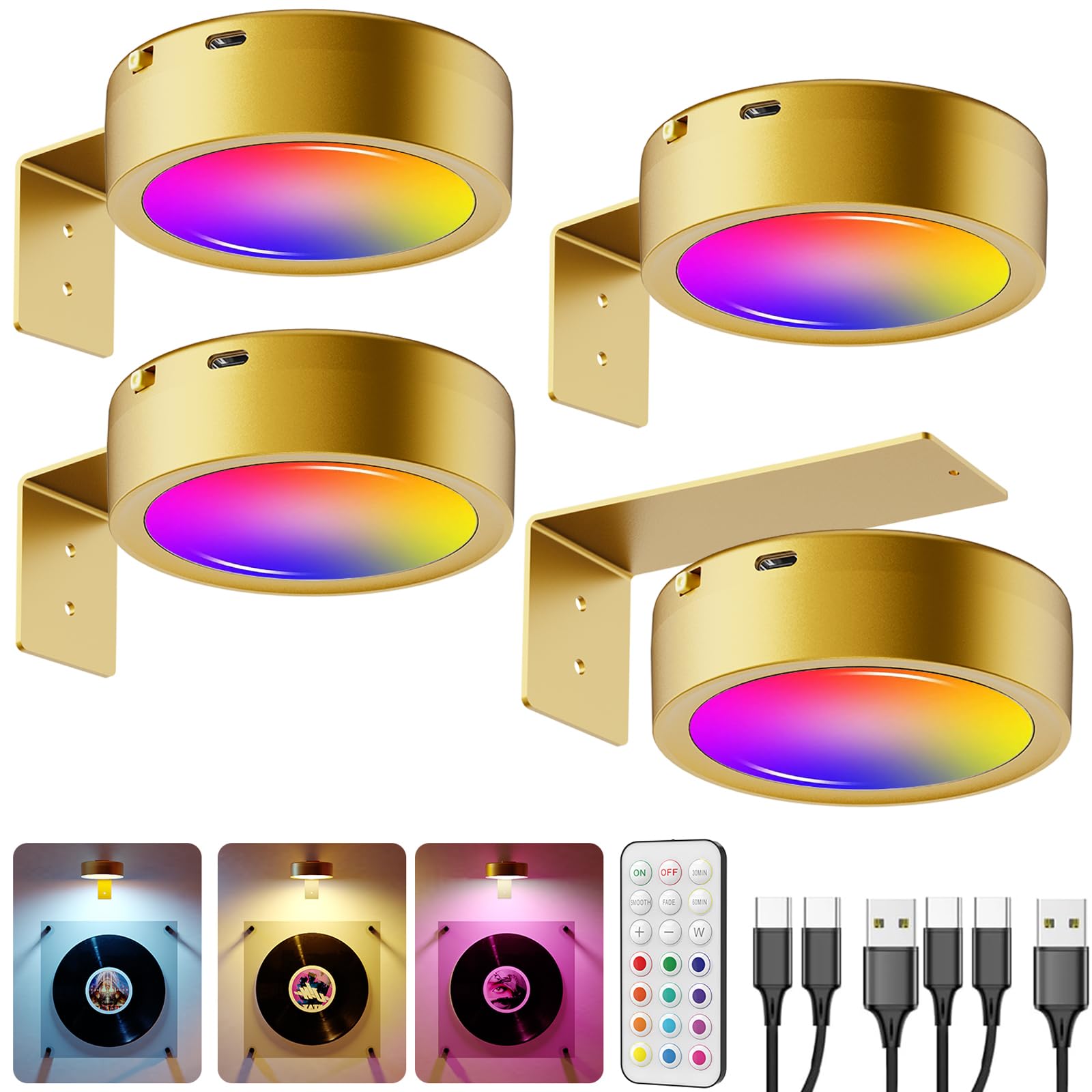 Spot LED Pour Tableau Sans Fil, 2600mAh Lampe Murale pour Tableau avec Telecommande Spot LED Rechargeable USB Aimanté Eclairage Tableaux Batterie Applique Murale Couleur pour Image Vitrine Art Dore