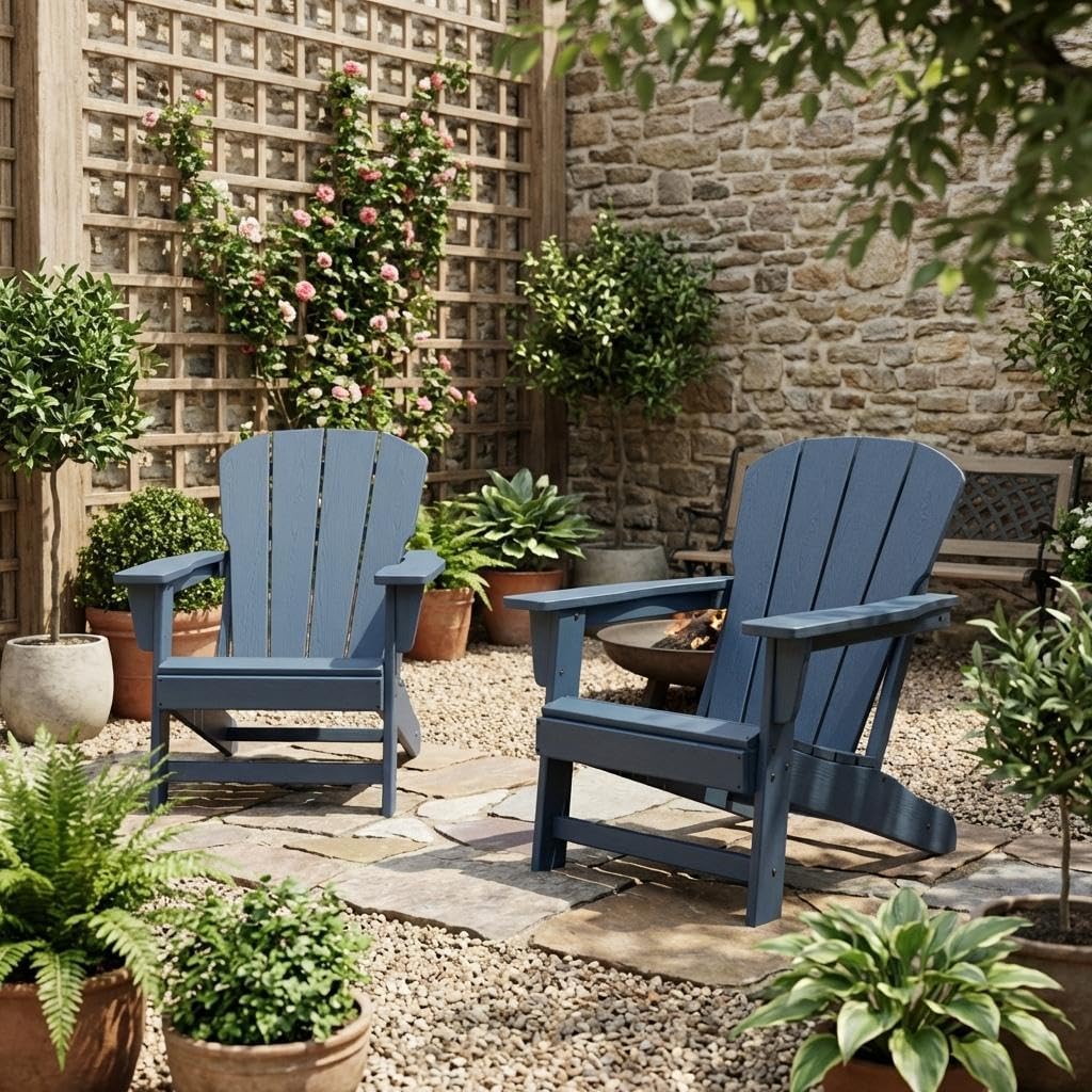 IDEALHOUSE Adirondack Chairs Set of 2, Fixed Non-Folding Design, HDPE Outdoor Chair, 380 LBS Weight Capacity, Wood Grain Texture Patio Lawn Garden Backyard Deck Poolside Furniture, Navy Blue