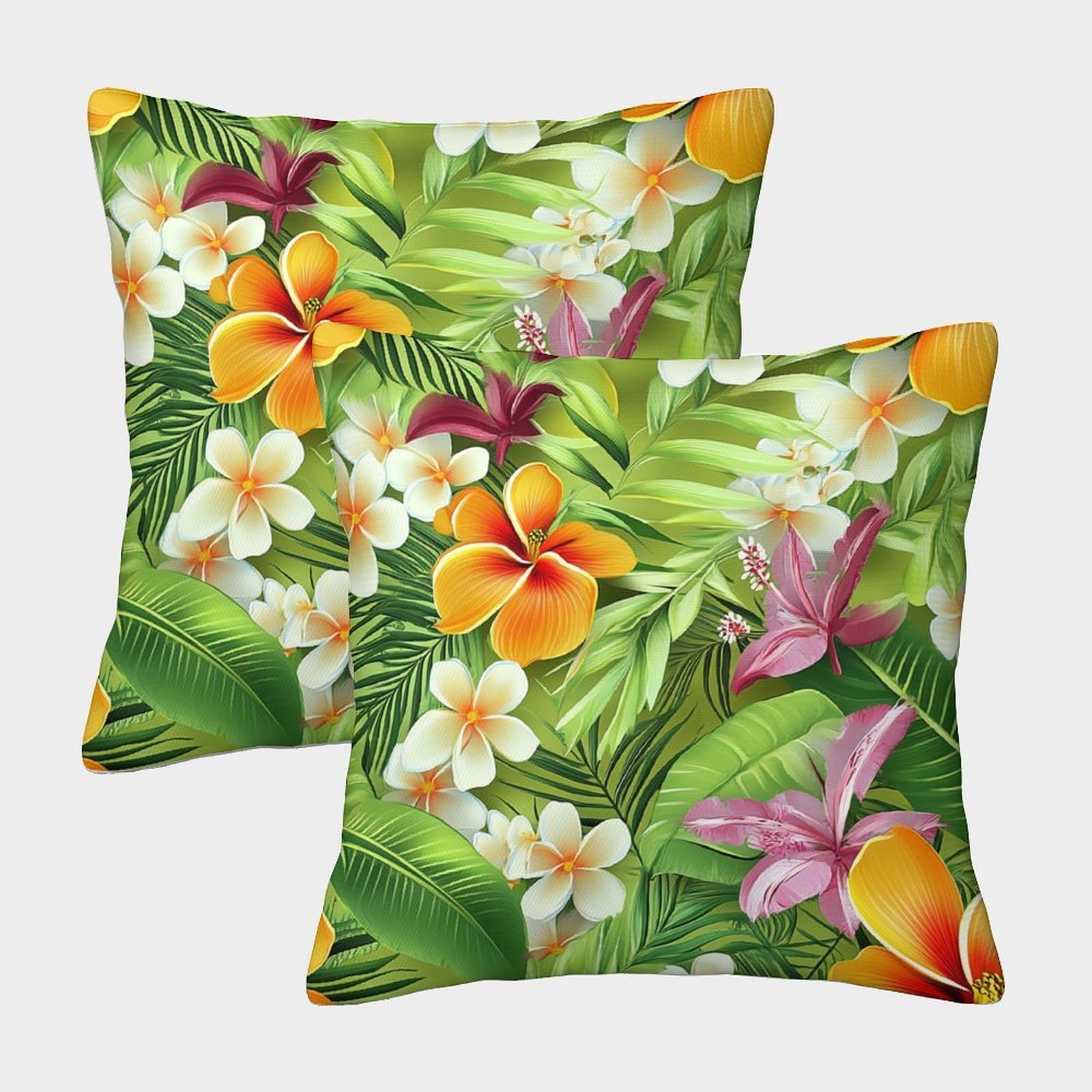 kaiyun 2 Pack Tropical Leaves And Flowers Pillow Case Home Decoration Sofa Green Background Cushion Cover 50x50cm