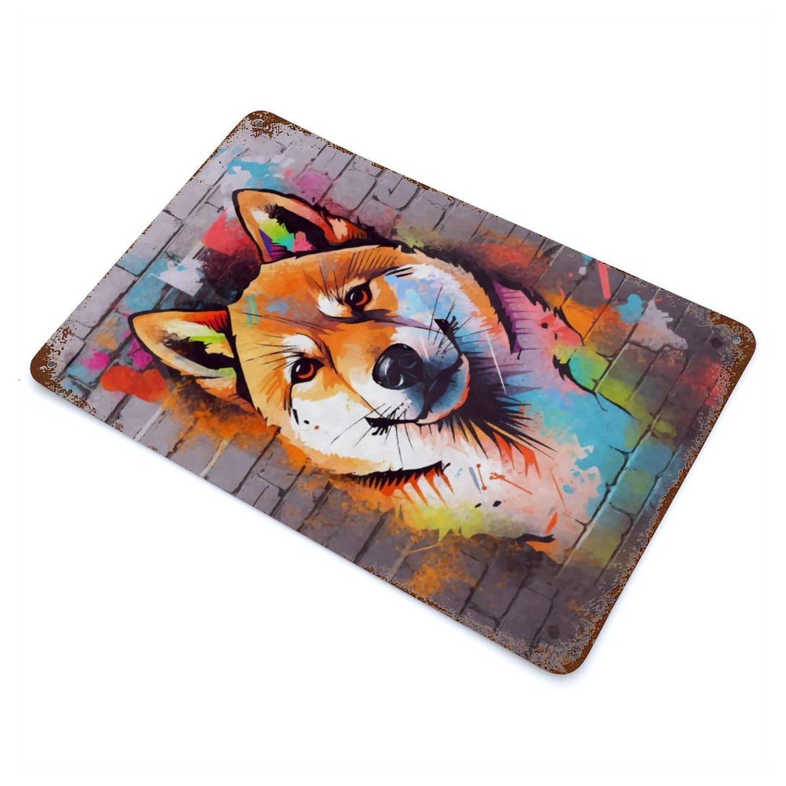 Shiba Inu Graffiti Rusty Metal Tin Sign 11.8"x7.9", Ideal for Patio, Garden Room And Bar Decor