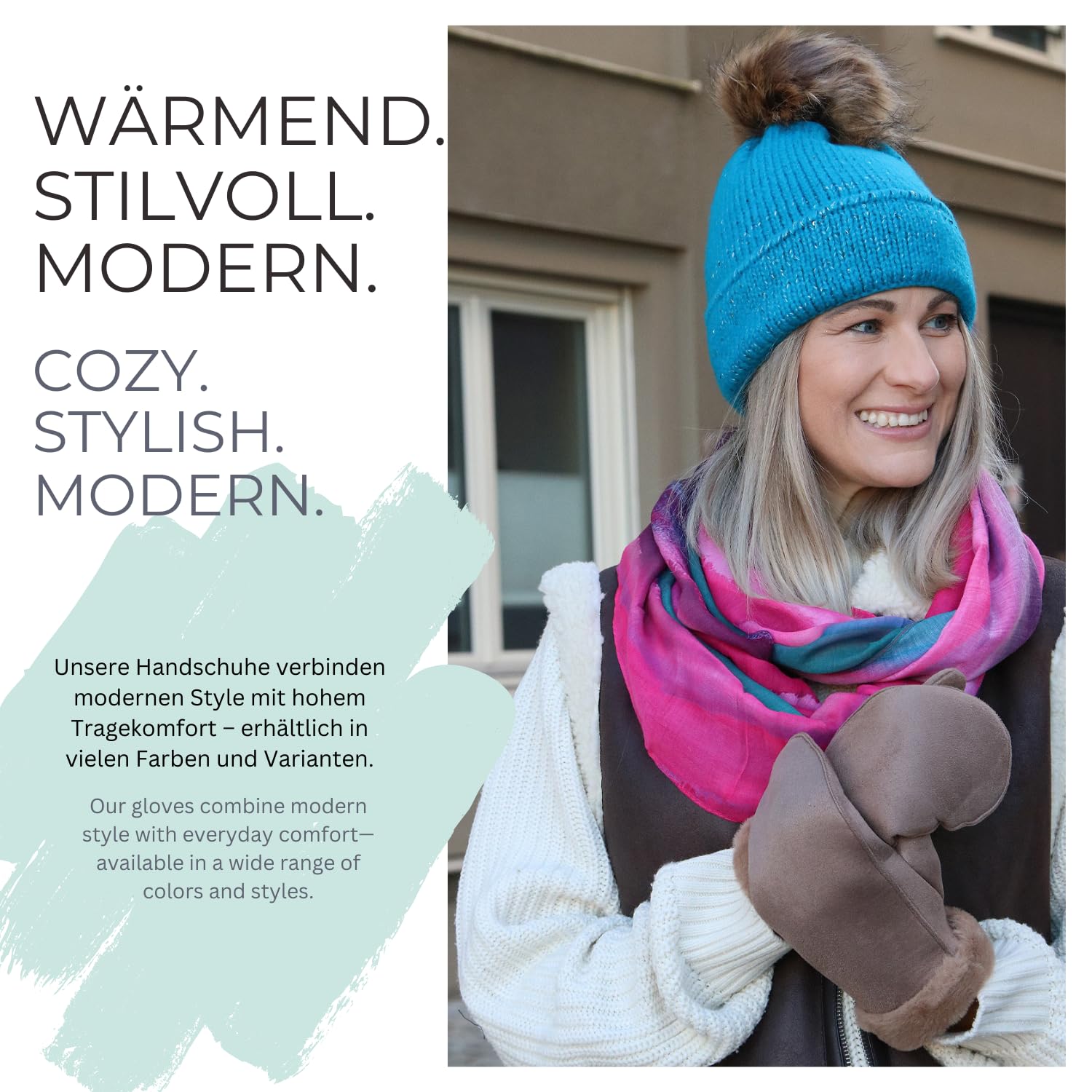 styleBREAKER Damen Winter Fäustlinge aus Veloursleder-Optik mit weichem Kunstfell-Bund - Warme Fausthandschuhe 09010048