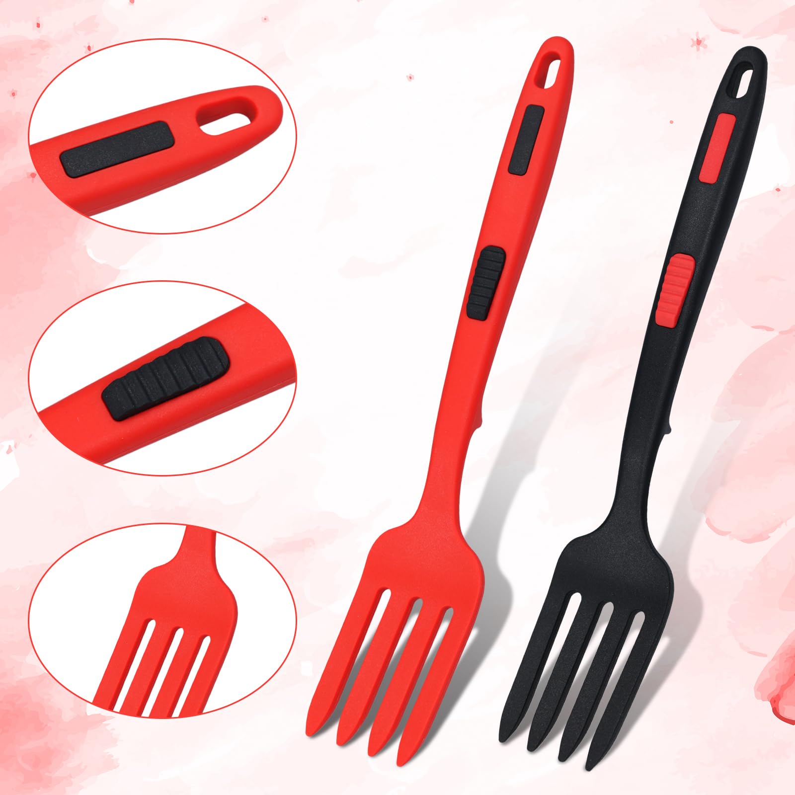 2 Piezas Tenedor de Silicona para Cocinar, Multifuncionales Tenedor para Espaguetis Resistente al Calor Tenedor para Mezclar para Cocina Revolver Mezclar Utensilios para Servir (Rojo, Negro)