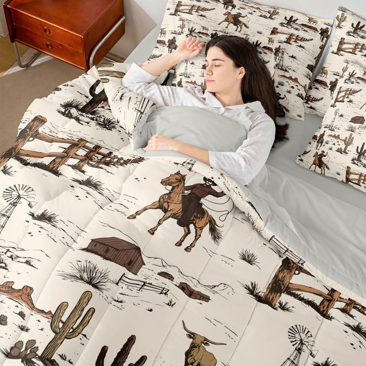 Western Comforter Set 7 Piece Bed In A Bag Twin,Country Cowboy Bedding Sets for Kids Boys Teen Girls,Vintage Southwestern Comforter and Sheets Rustic Cabin Ranch Horse Animal Bed Set,Beige Brown