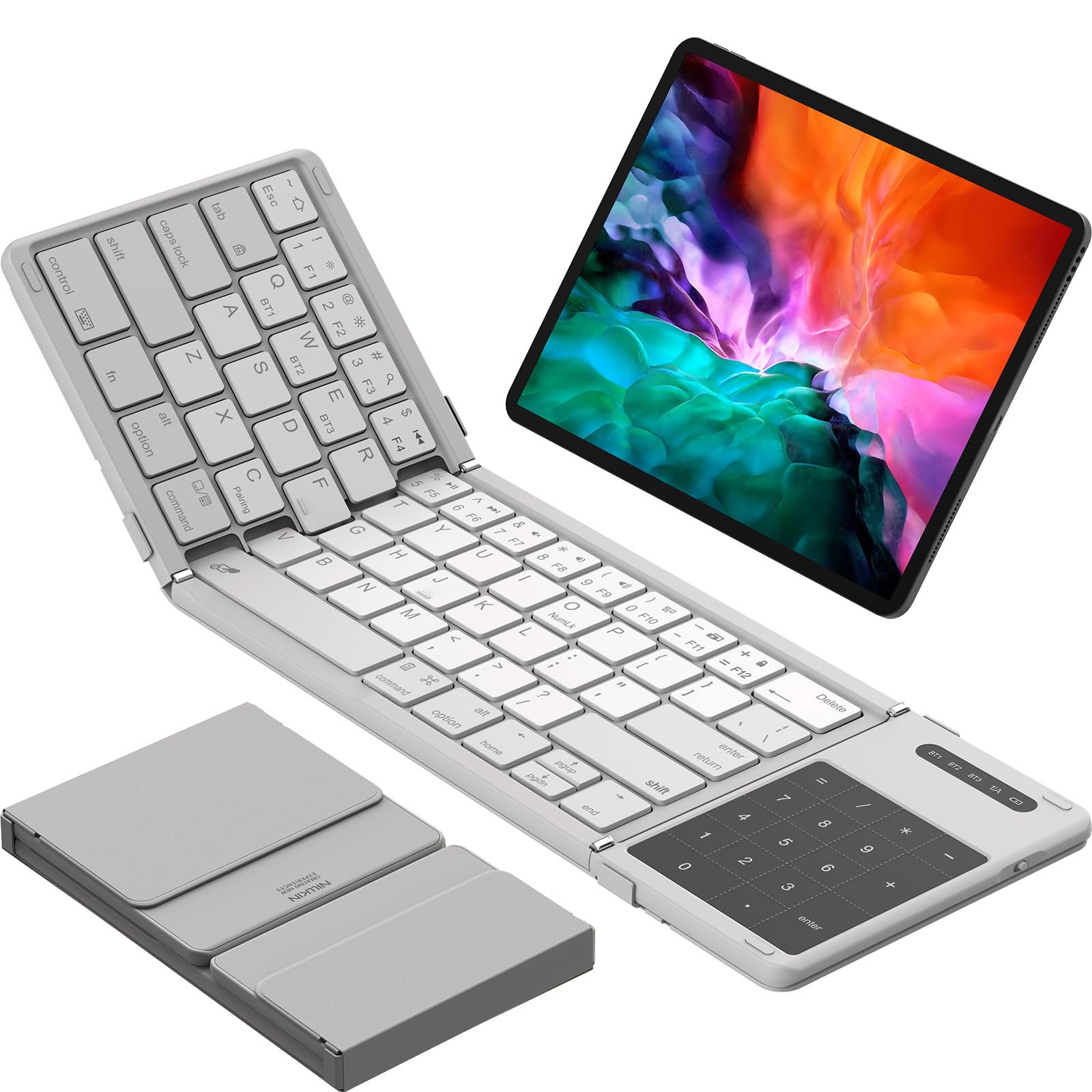 Photo 1 of Nillkin Foldable Bluetooth Keyboard with Touchpad & Number Pad, Portable Bluetooth Keyboard with Full Size Keys, Pocket-Sized Wireless Travel Keyboards for iPad, Smartphone, Tablet and Laptop Gray