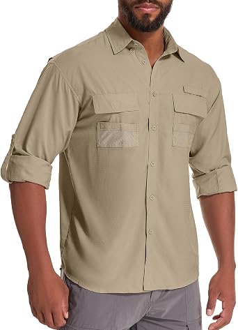 Mens Sun Protection Fishing Shirts Long Sleeve Safari Shirts UPF 50 UV Quick Dry Cooling Travel Work Shirts