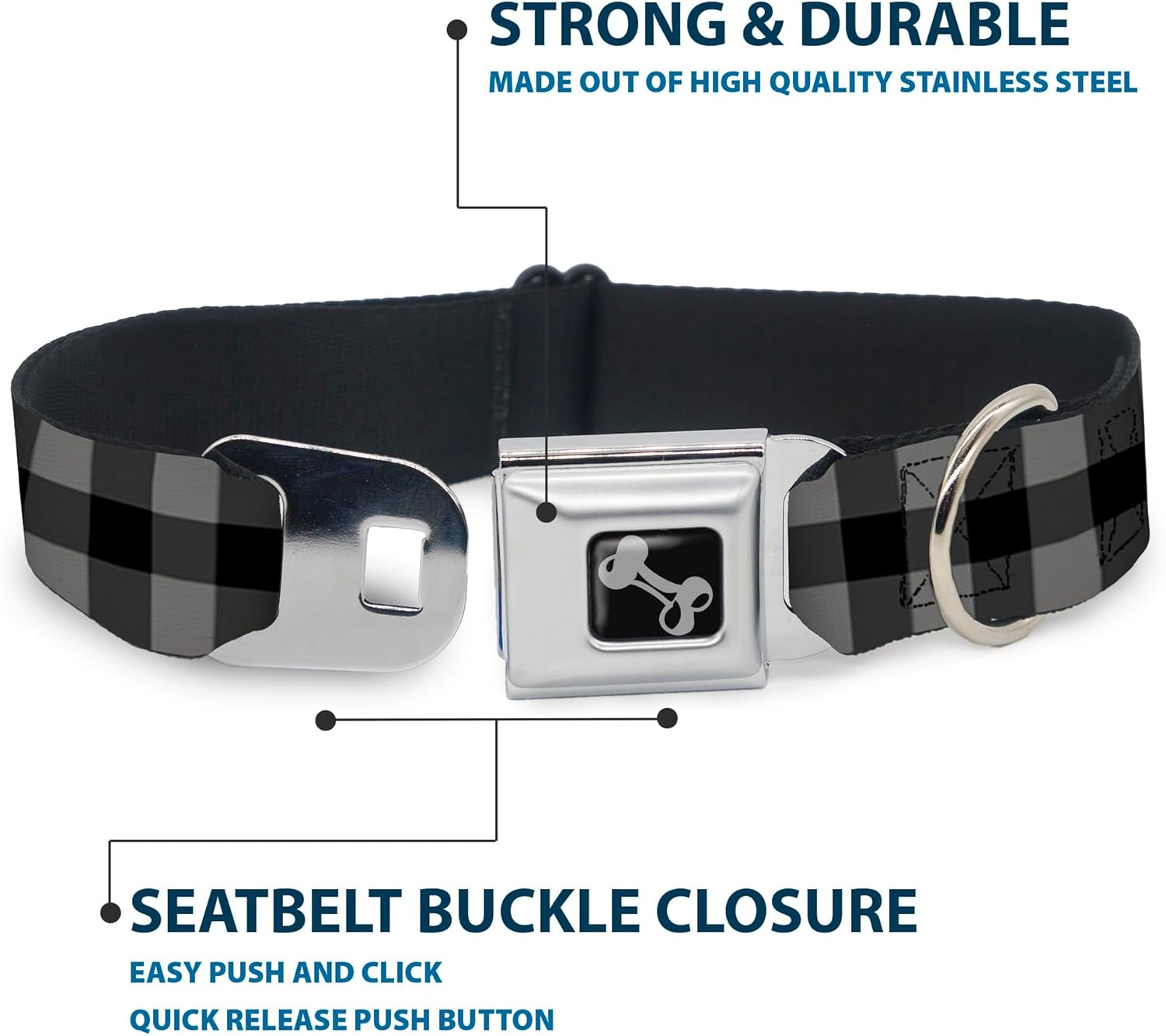 Dog Collar Seatbelt Buckle Buffalo Plaid Black Gray 9 to 15 Inches 1.0 Inch Wide