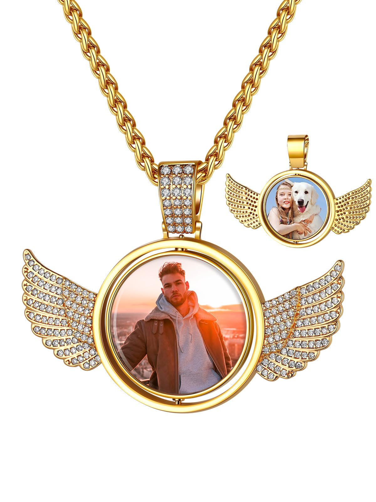 Custom4U Picture Necklace Personalized Photo for Men Women Steel/18K Gold Plated/Black Custom Angel Wings/Heart Pendant Necklace with Picture Memory