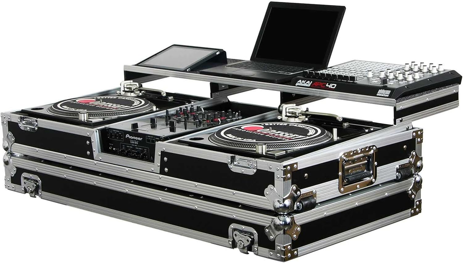 Universal 10" Format DJ Mixer and Two Battle Position Turntables Flight Coffin Case with Full Glide Platform