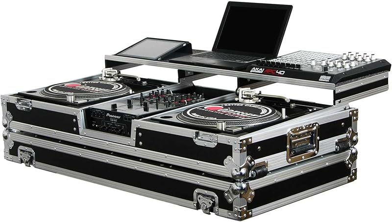 Mezclador de DJ universal de formato de 10" y tocadiscos de dos posiciones de batalla Estuche de ataúd de vuelo con plataforma de deslizamiento completo | Plataforma de deslizamiento de vuelo completo, diseño de formato universal, protege equipos completos en tránsito, listo para clubes y dispositivos celulares, tamaño de 10 pulgadas