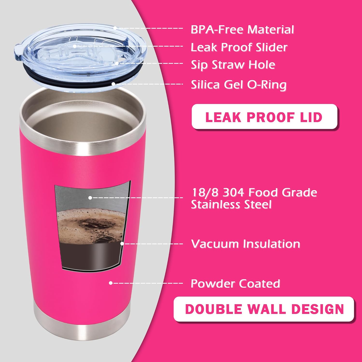 20oz Tumbler Bulk Stainless Steel Tumblers with Lid Vacuum Insulated Double Wall Travel Coffee Mug Powder Coated Tumbler Cup for Hot and Cold Drinks(Hot Pink, 1 pack) - Image 4