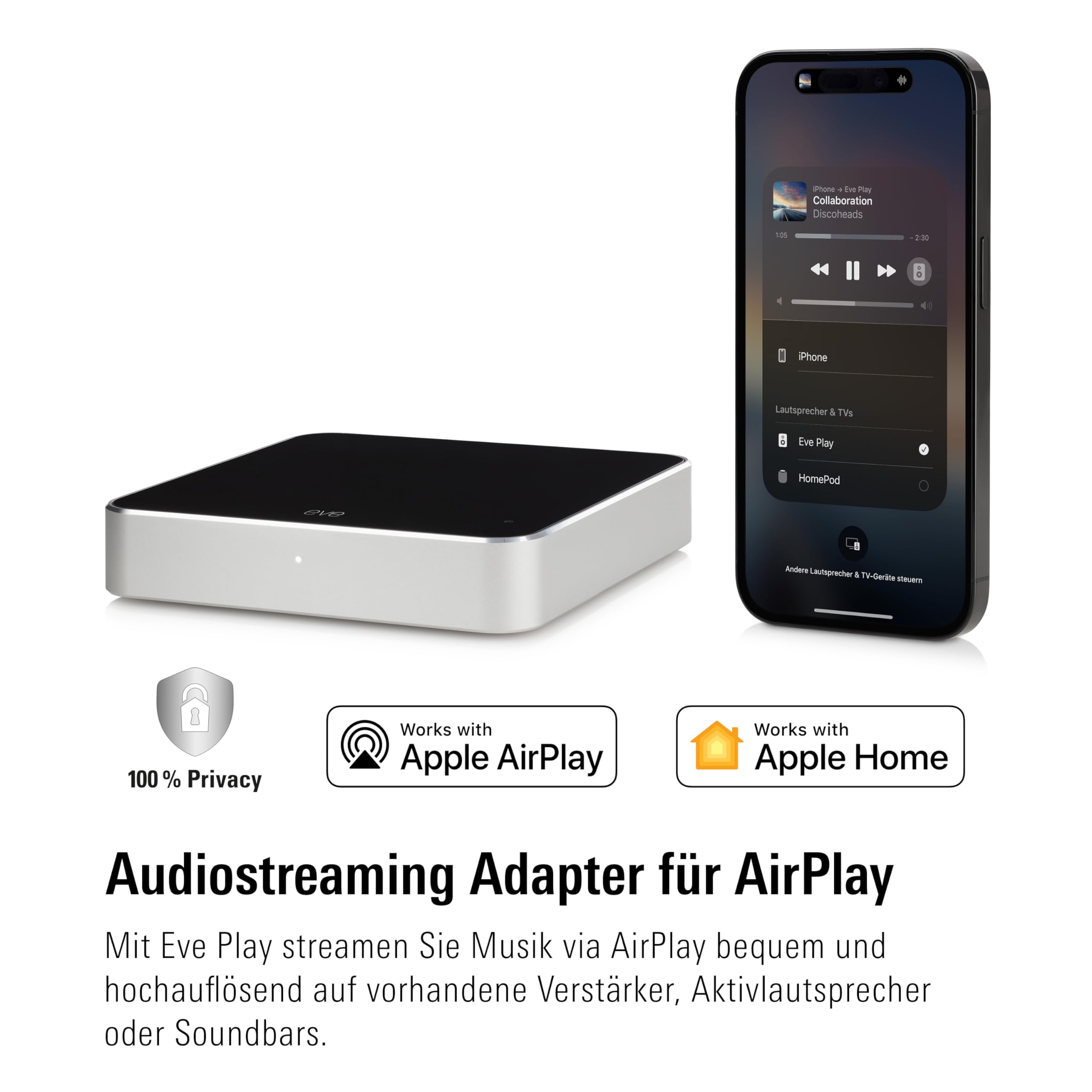 Eve Play (Apple Home) – Audiostreaming Adapter für AirPlay, Automatischer Latenzausgleich, Leistungsstarker Digital-Analog-Wandler, DREI Audioausgänge, Ethernet und WiFi