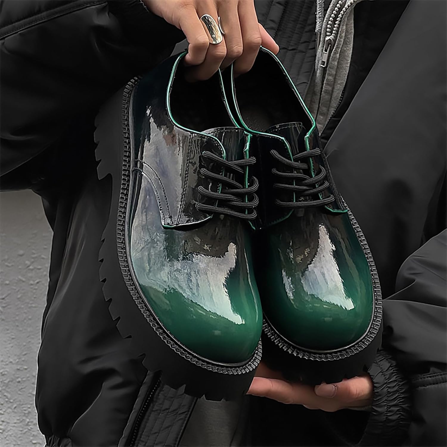 ZEDGMGEO Business Platform Oxfords for Men's Gradient Green Patent Leather Dress Shoes Lug Sole Non-Slip Comfortable Wide Toe Lace-up Work Shoes for Formal Office Casual - Image 6