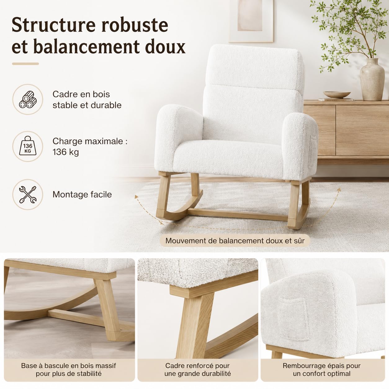 Fauteuil à Bascule en Tissu Teddy, Fauteuil d'allaitement avec Dossier Haut, Accoudoirs Rembourrés, Poches Latérales et Patins Antidérapants pour Salon, Chambre, Bureau, 69.2x78.5x87cm, Blanc