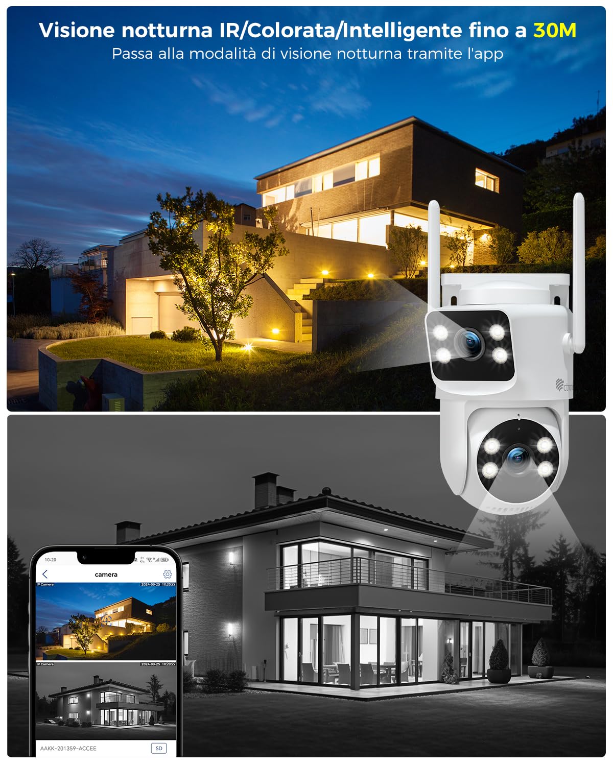 Ctronics Telecamera Wi-Fi Esterno Doppio Obbiettivo, PTZ Videocamera | 2.4/5Ghz NVR, Auto-Tracking, Visione Notturna a Colori 30M e Registrazione 24/7, Compatibile PC/Tablet/Telefono,1080P, IP66
