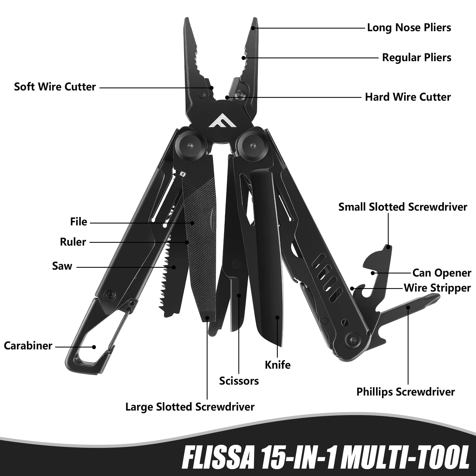 FLISSA Multiherramienta de Alicate, 15 en 1 Alicate Multiuso, Herramienta Multifuncional Plegable, Acero Inoxidable, con Bolsita Oxford, Perfecto para Acampada, Senderismo,etc. (Negro)