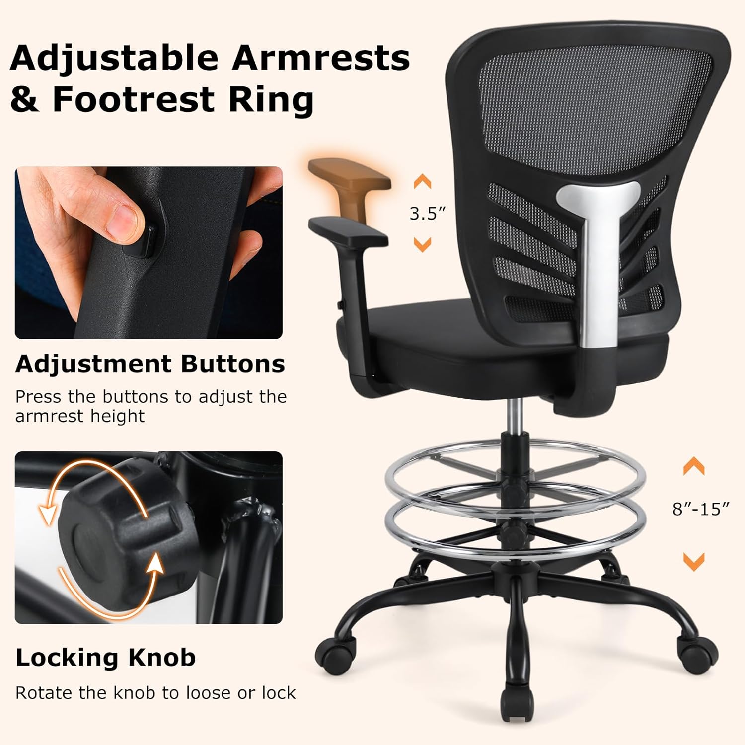 Giantex Drafting Chair, Tall Office Chair with Adjustable Armrests & Footrest Ring, Ergonomic Computer Standing Desk Chair with Lumbar Support for Counter Height Desk, Home Office