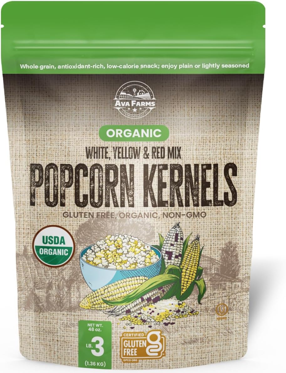 Ava Farms Organic Popcorn Kernels Mix, Red, Yellow, White 3Lbs Bag GlutenFree