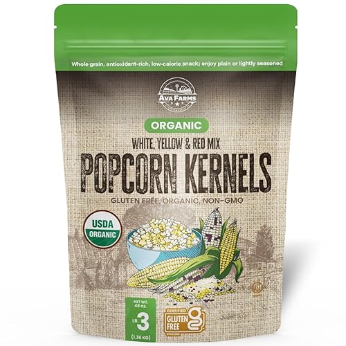 Ava Farms Mezcla de granos de palomitas de maíz orgánicos, rojo, amarillo, blanco, bolsa de 3 libras, sin gluten, sin OMG, maíz natural, saludable,