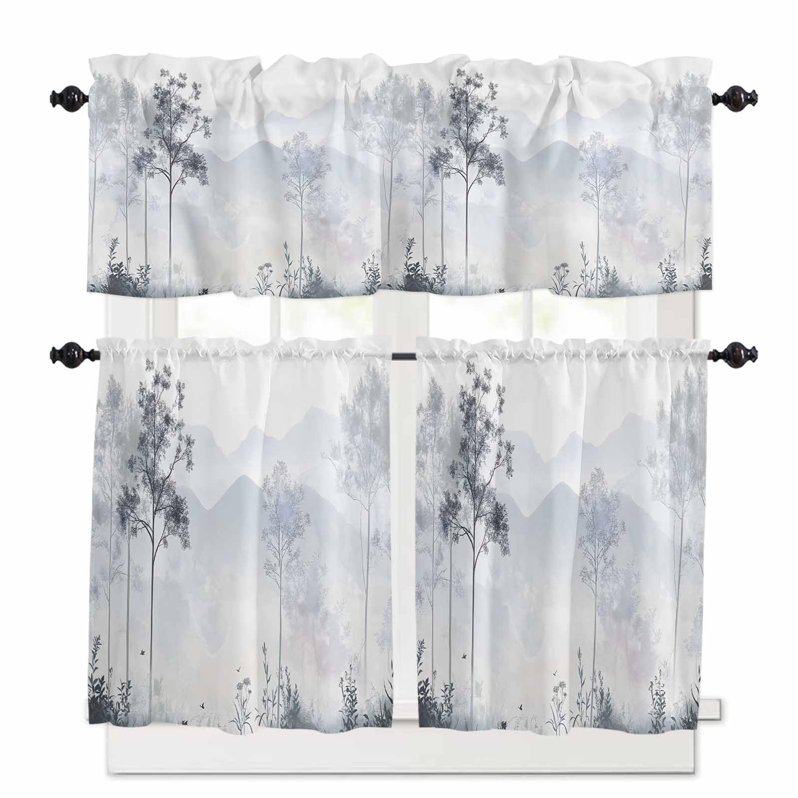 Foggy Forest Gray Kitchen Curtains 36 Inch Length, 3 Piece Rod Pocket Small Half Tiers and Valance Set, Vintage Mountain Grey Tree Small Large Window Treatment Decor for Bedroom/Bathroom Sink