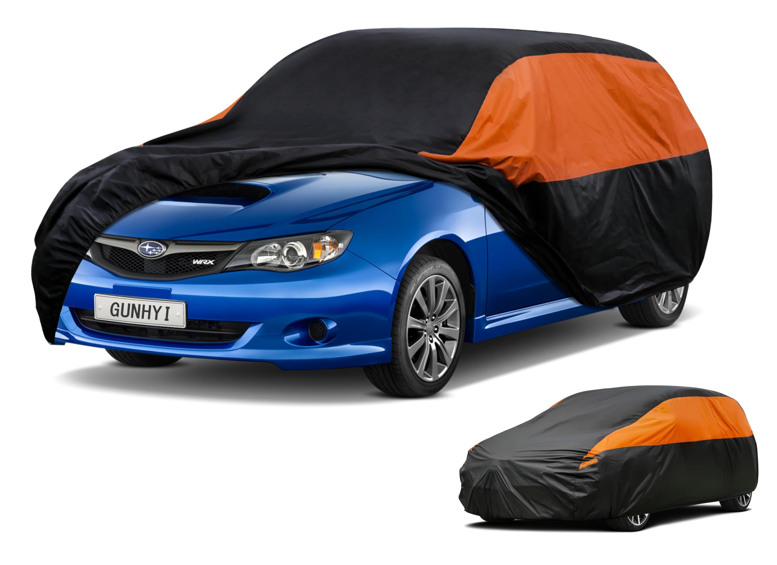 GUNHYI Waterproof Full Car Cover Custom Fit WRX Impreza Hatchback | All‑weather Outdoor sun/rain/dust/snow/wind/UV protection, breathable lightweight fabric, black‑orange design,storage bag