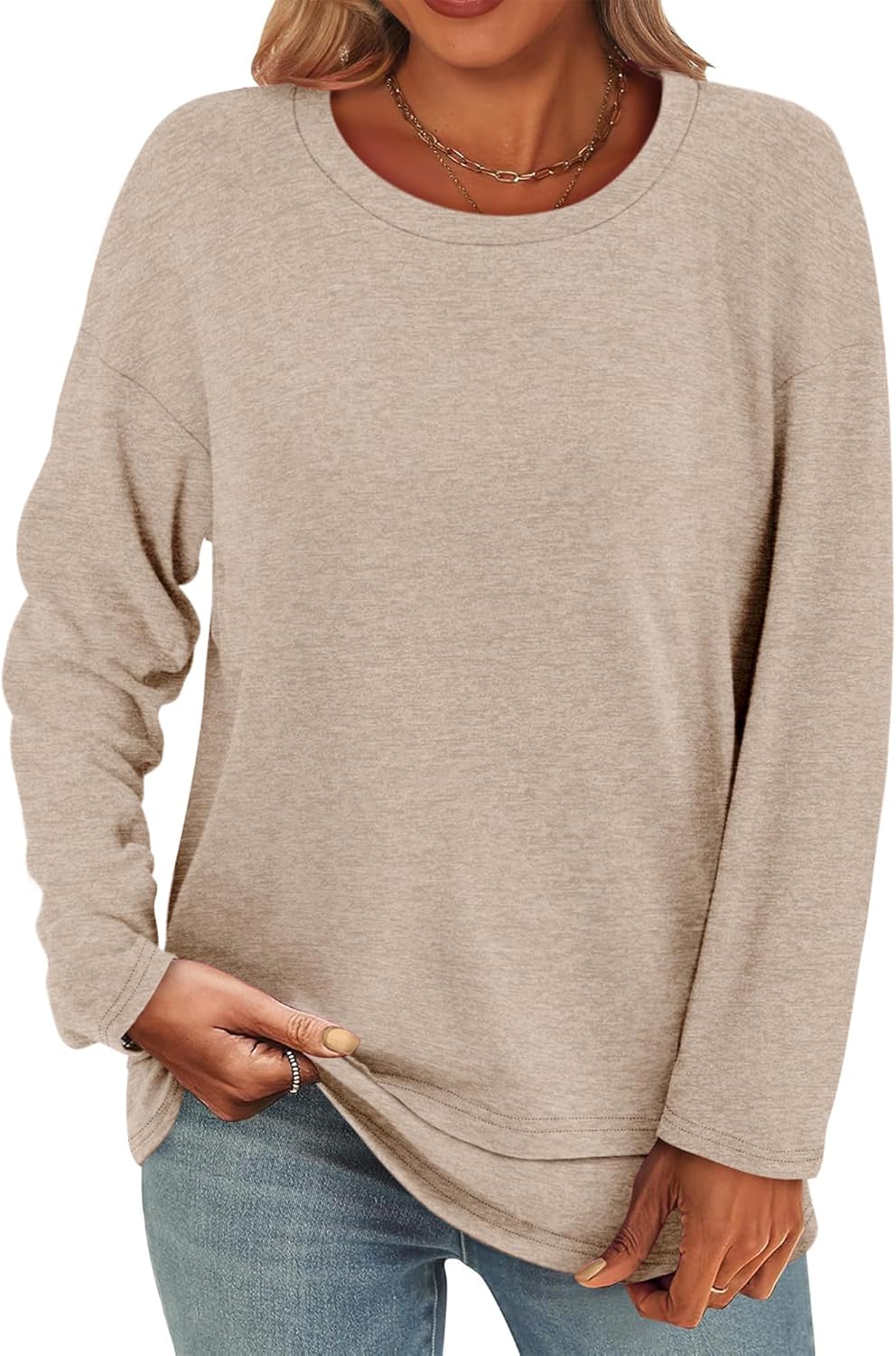 Women's Long Sleeve T-Shirts Solid Color Loose Fit Cute Basic Flowy Tops Spring Fall Casual Blouse - Image 4