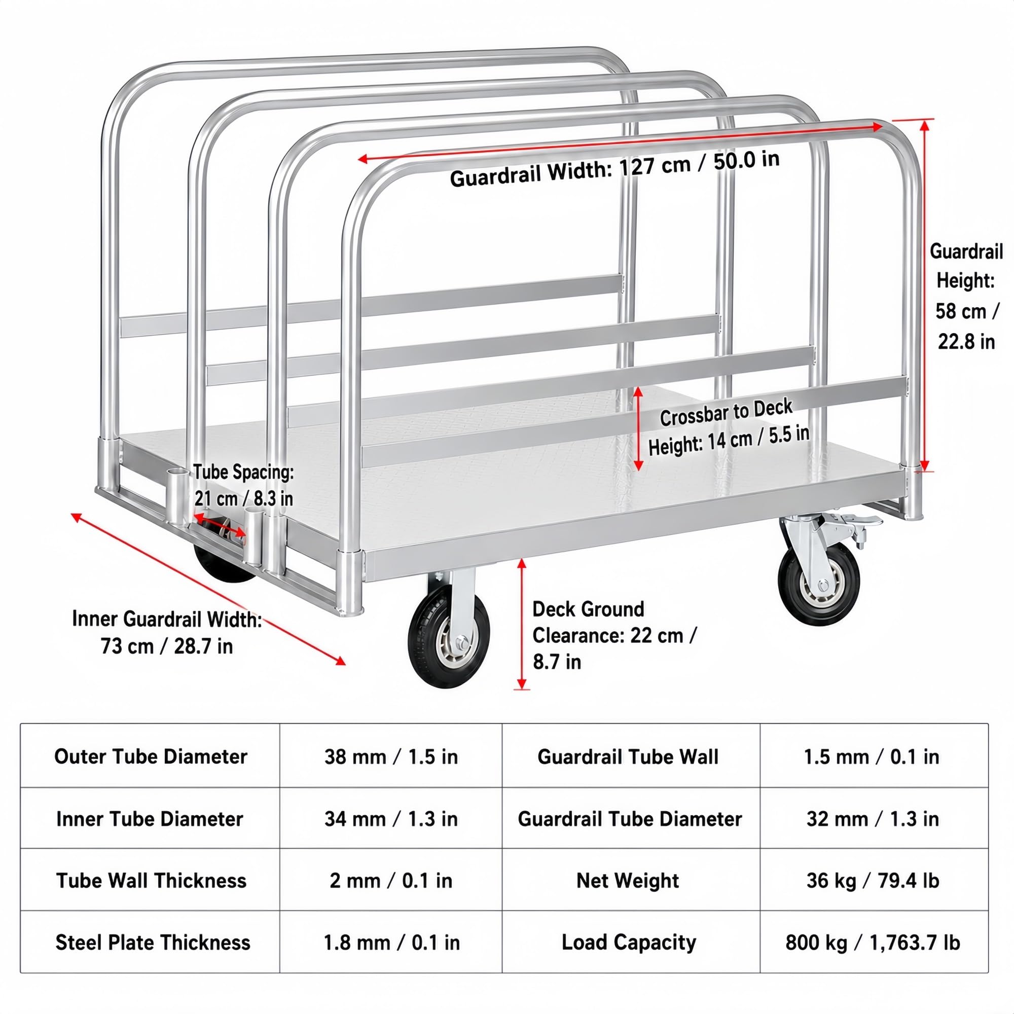 Plattenwagen mit Abnehmbaren Streben for Werkstatt und Lager | 1,8-mm-Stahlplattform mit verstärkenden Trägern an der Unterseite(8in 126 cm/49.6 in)
