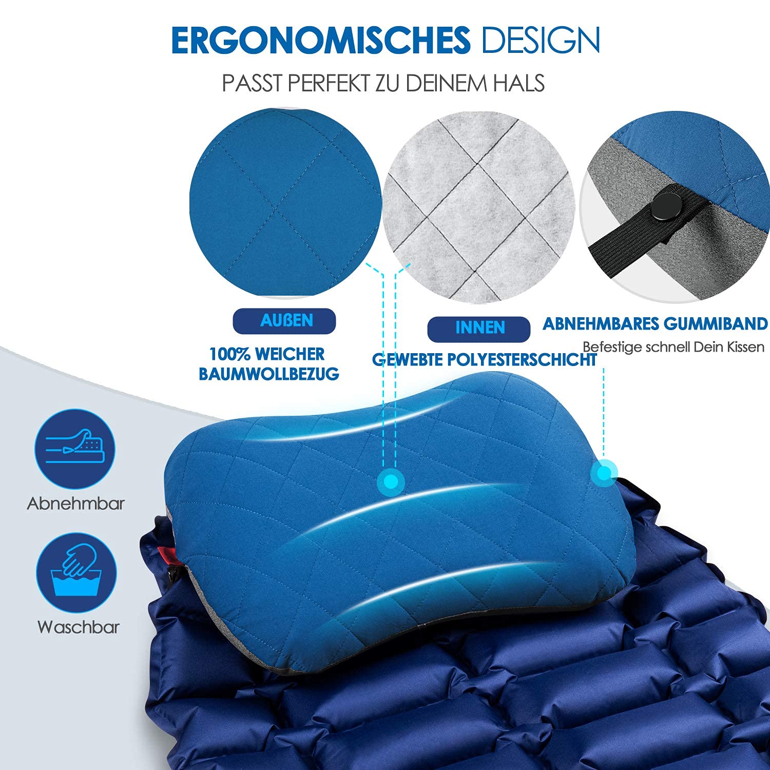 HIKENTURE nadmuchiwana poduszka kempingowa/podróżna ze zdejmowaną poszewką na poduszkę, ergonomiczna poduszka pod głowę, wygodna poduszka na kark do podróży / na zewnątrz (niebieska), rozmiar uniwersalny