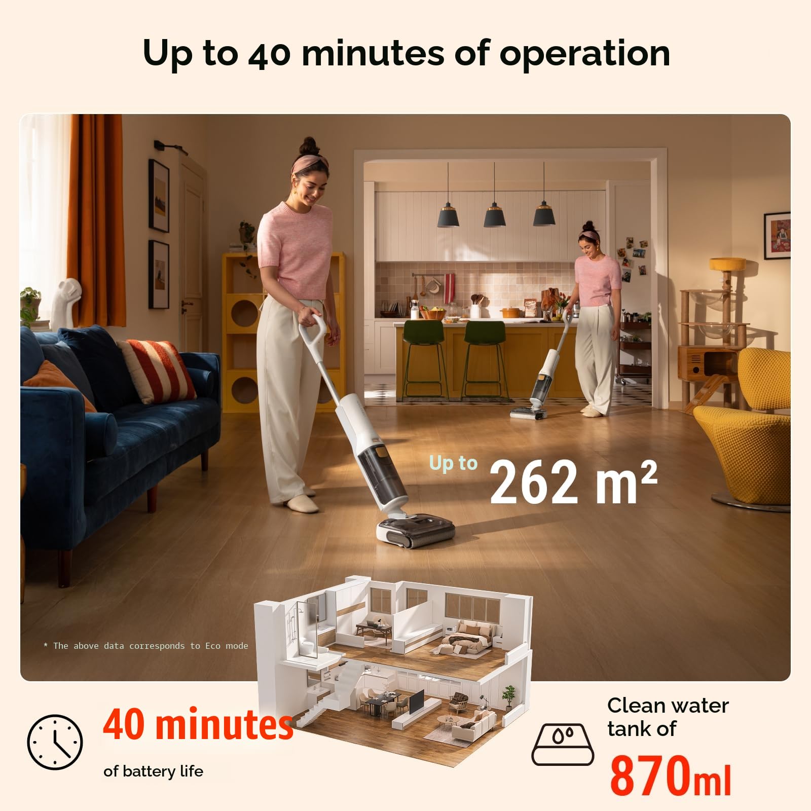 roborock F25 GT Aspirateur Laveur,Complete Nettoyeur de Sol 20 kPa,Aspirateur sans Fil Autonettoyage à Haute température de 90 °C, inclinable à 180° Nettoyage Deux Bords