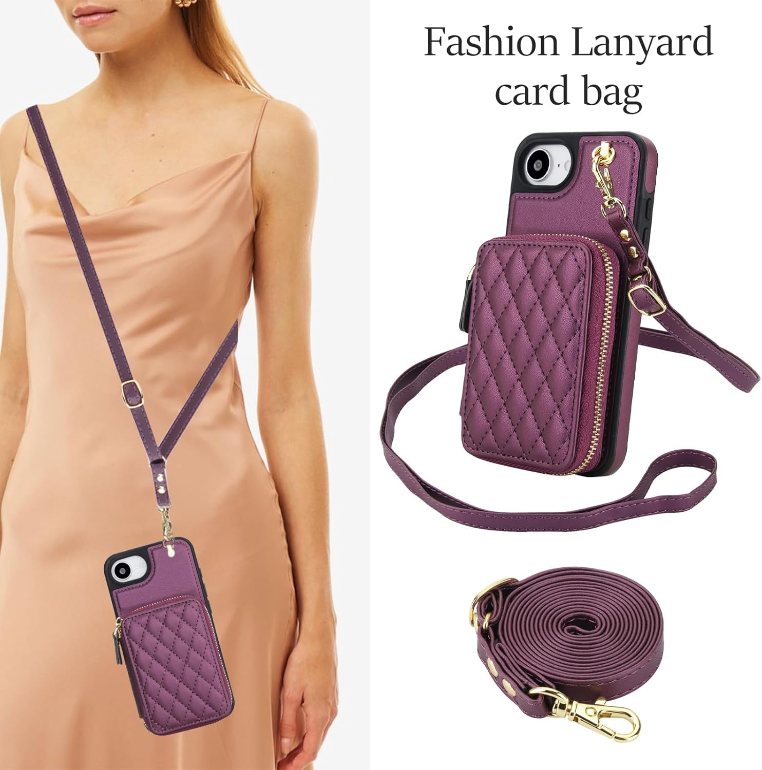 Wefor Compatible with iPhone 16e Wallet Case Crossbody for Women, Zipper Phone Case with RFID Blocking Card Holder Wrist Strap Purse (Dark Purple)